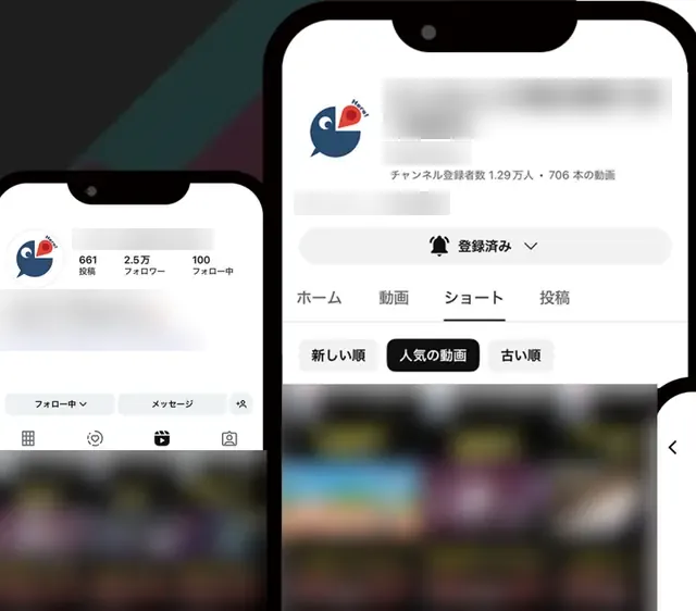 VTuber切り抜きチャンネルのInstagramとYouTubeの画面（チャンネル名・プロフィール・説明文・動画のサムネイルはぼかしています）
