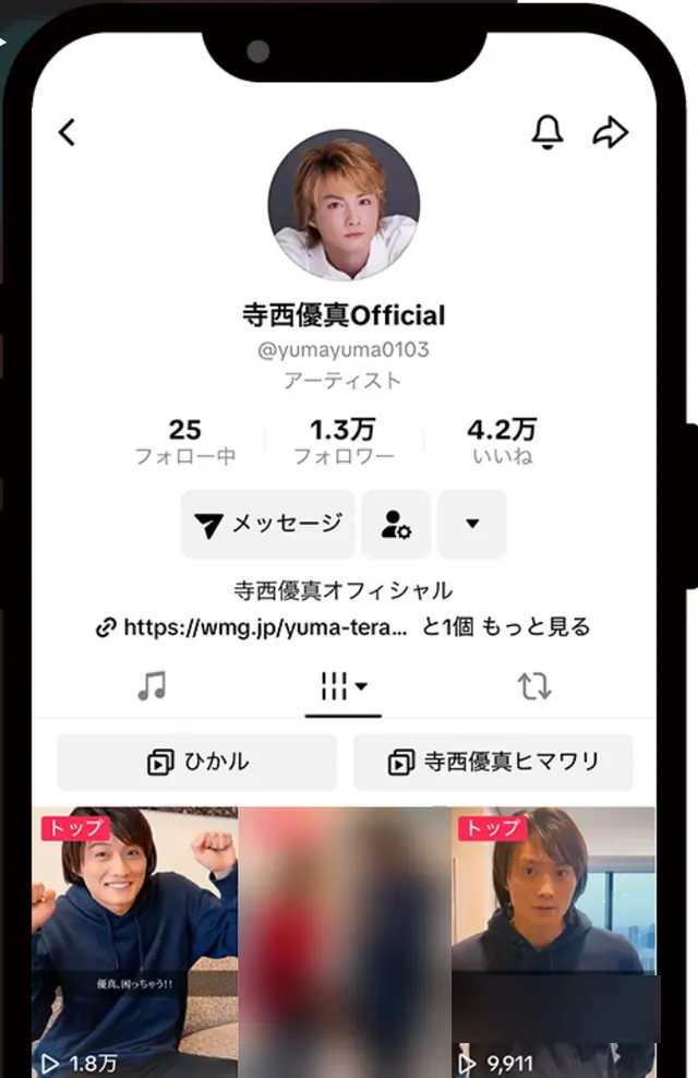 俳優・アーティストのTikTokアカウント画面（共演者が写る動画と、共演者の名前が入った字幕はぼかしています）